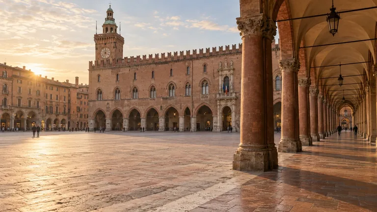 Illustration of Bologna's Piazza Maggiore and brick palaces viewed from a portico.