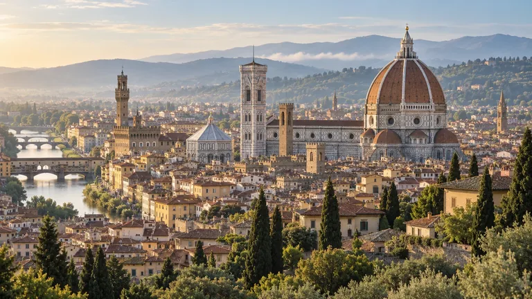 Illustration of Florence's cathedral dome above terracotta rooftops and the Arno.