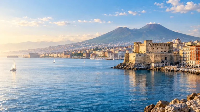 Illustration of Castel dell'Ovo and the Naples waterfront with Vesuvius across the bay.