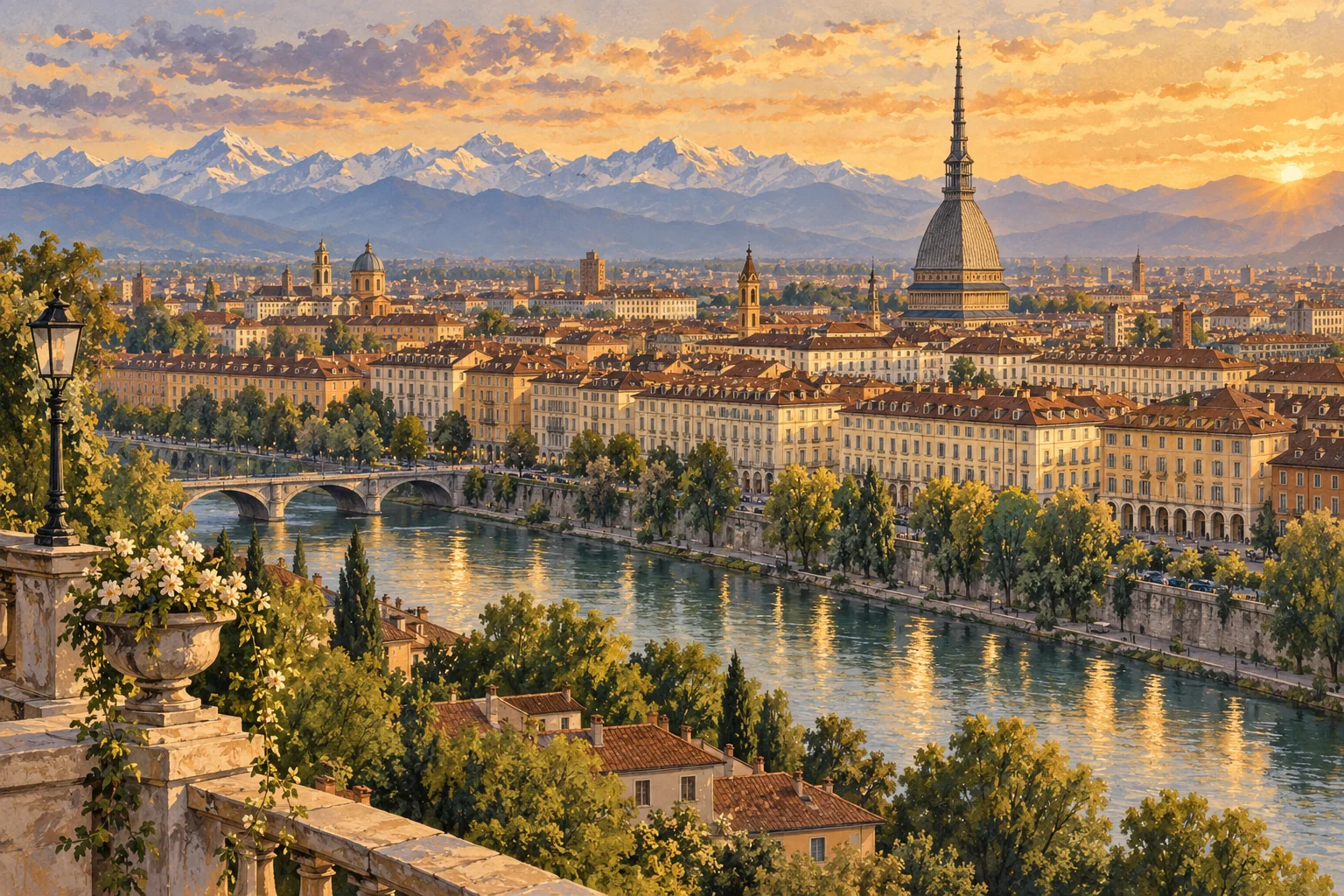 Turin’s historic streets and skyline in warm light