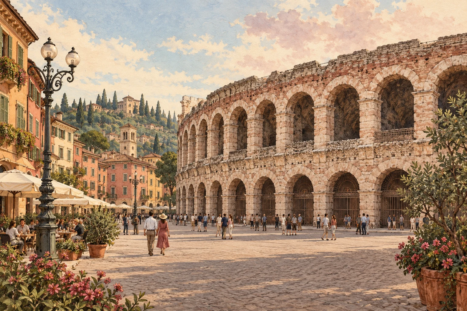 Verona’s Roman Arena and surrounding city square in warm light