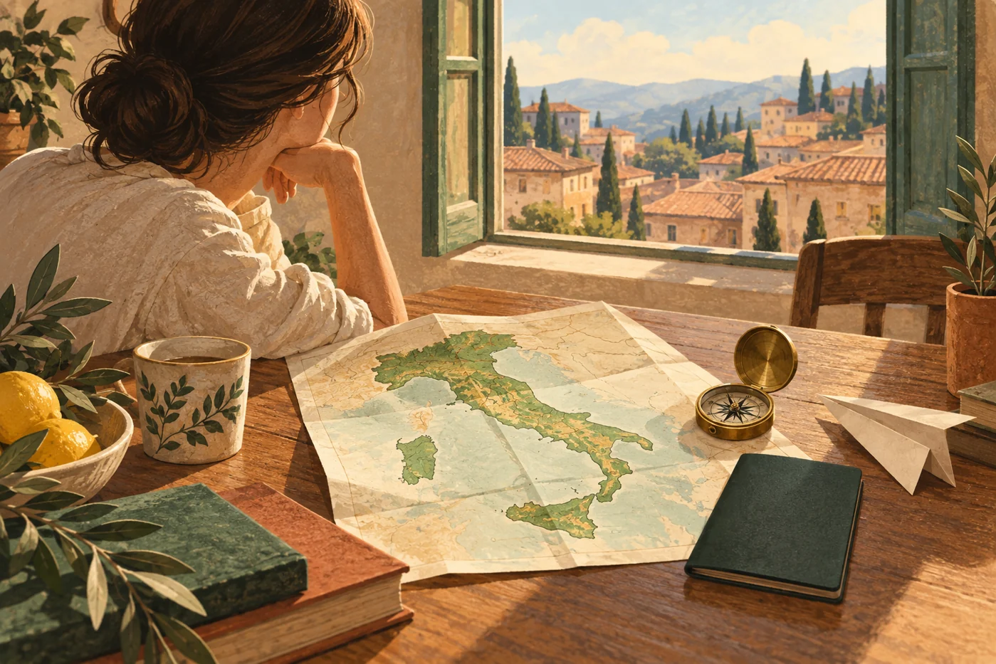Illustration of a traveler comparing an unlabeled map of Italy at a desk with a compass and paper airplane.