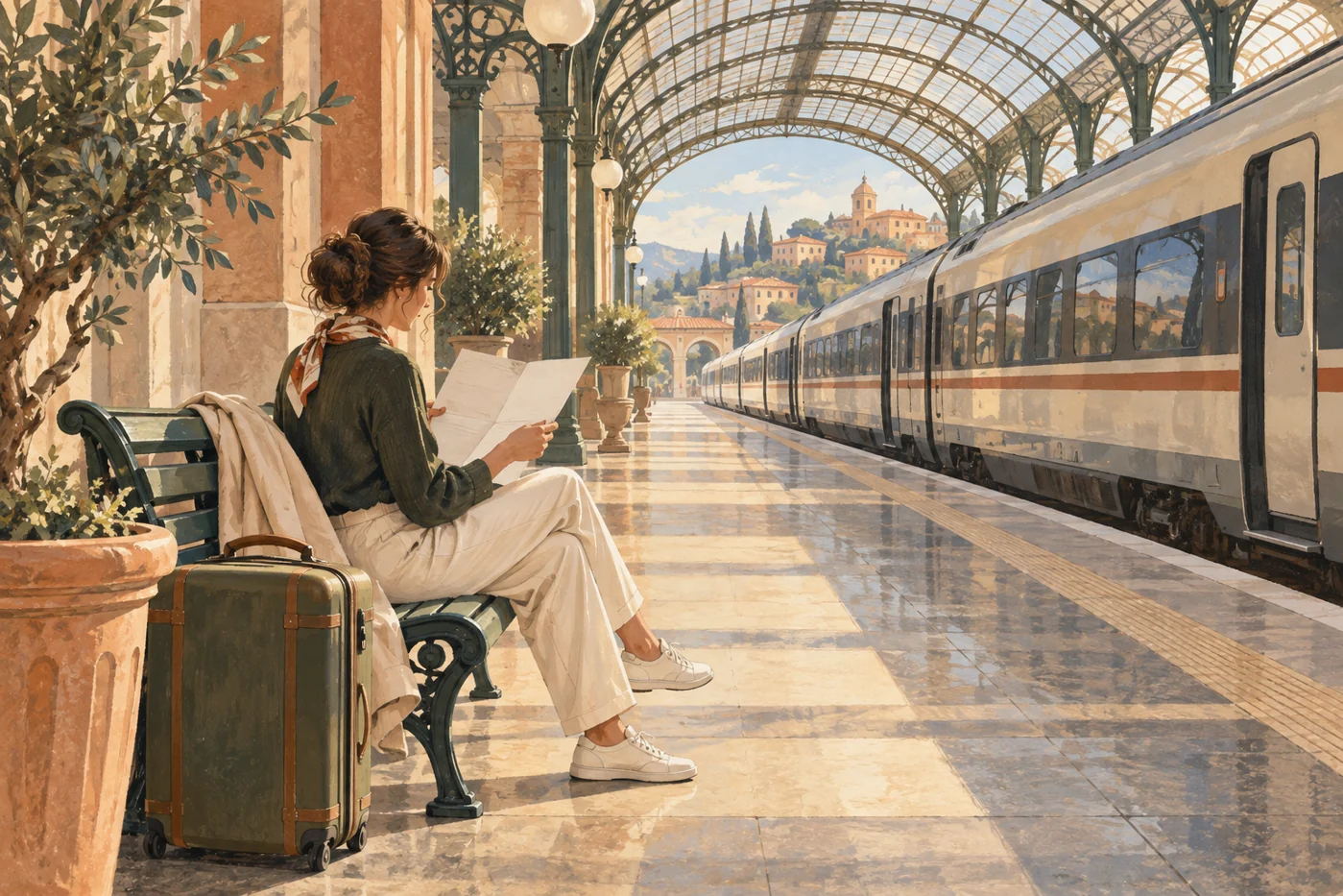 Illustration of a traveler reading an itinerary beside a suitcase on a quiet Italian railway platform.