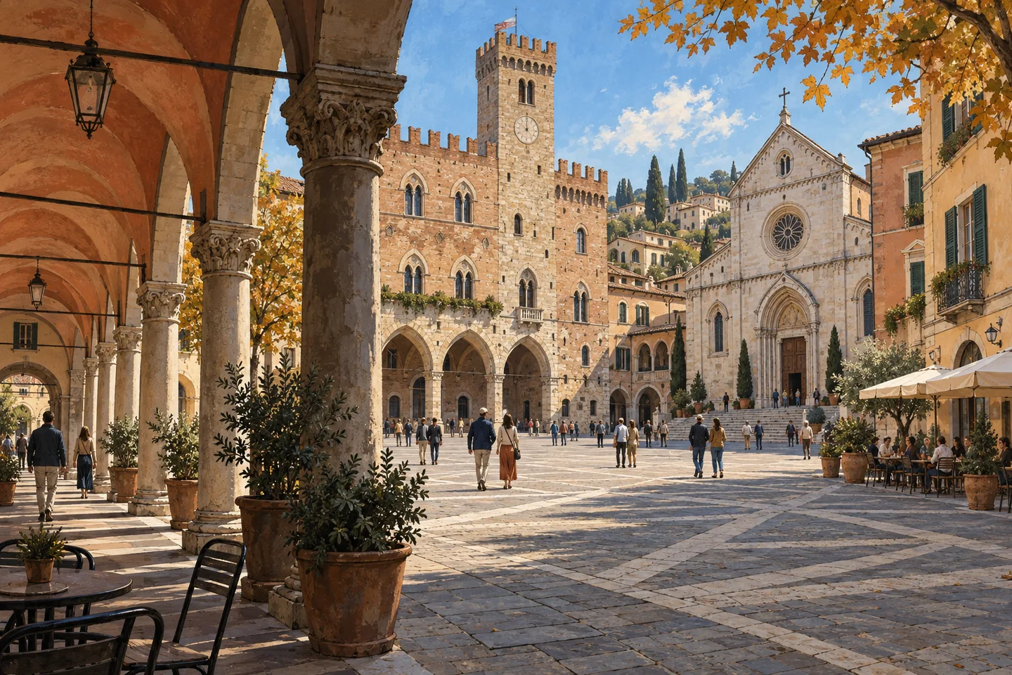 Editorial illustration of an imagined Italian civic square framed by an arcade, a town hall and a church.