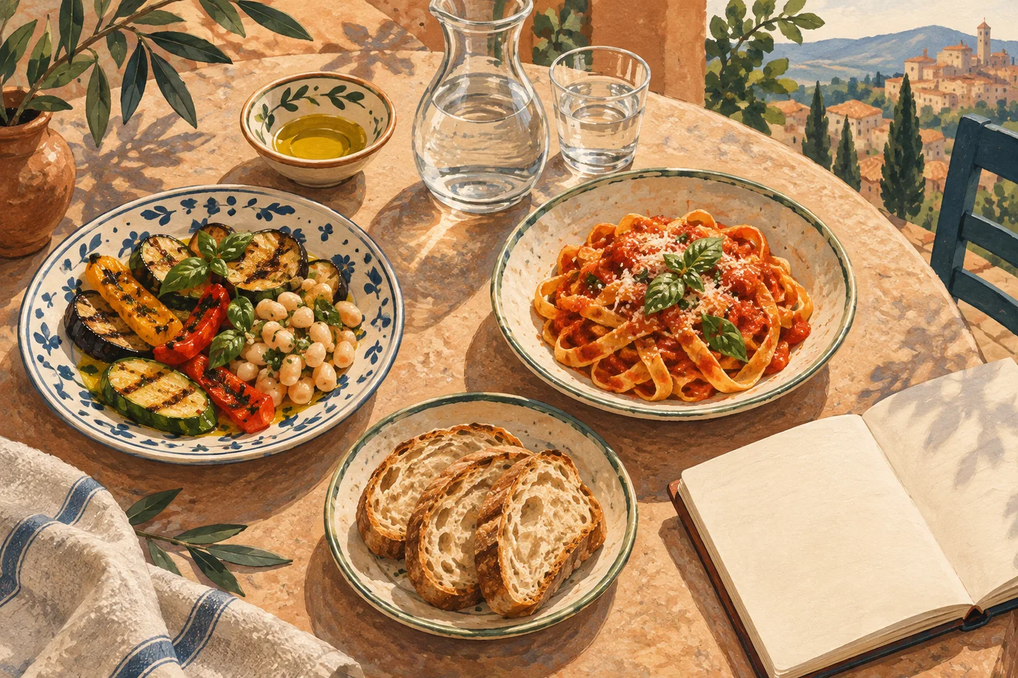 Illustration of separate plates of vegetables, pasta and bread beside a travel notebook on an Italian tasting table.