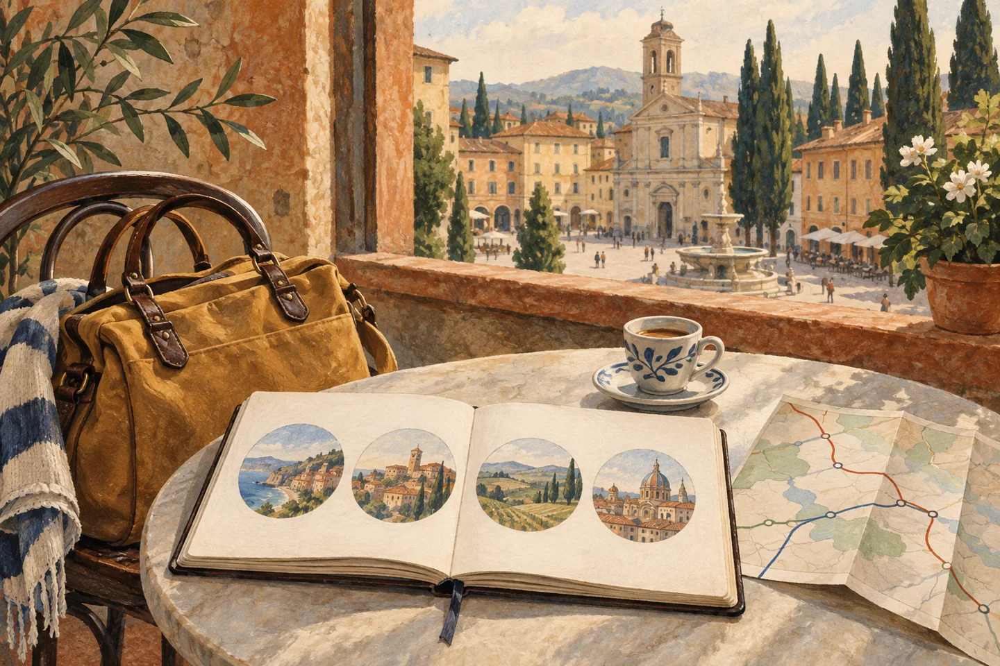 Editorial illustration of an overnight bag, four travel sketches and an espresso beside a window overlooking an Italian square.