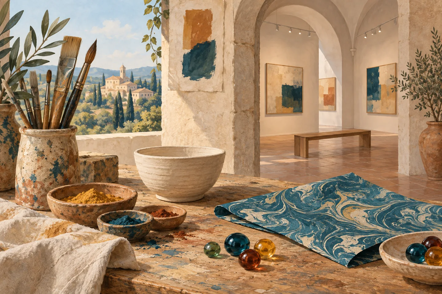 Editorial illustration of brushes, pigments, marbled paper and glass beads on a workbench beside a quiet art gallery.