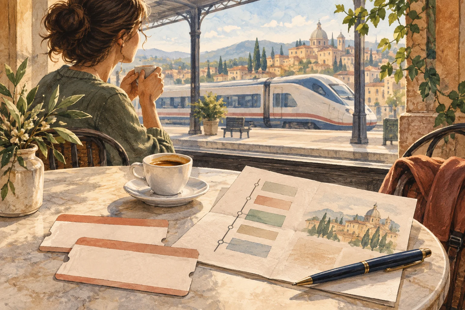 Editorial illustration of blank rail tickets, a planning notebook and espresso beside a station window with an unbranded train outside.