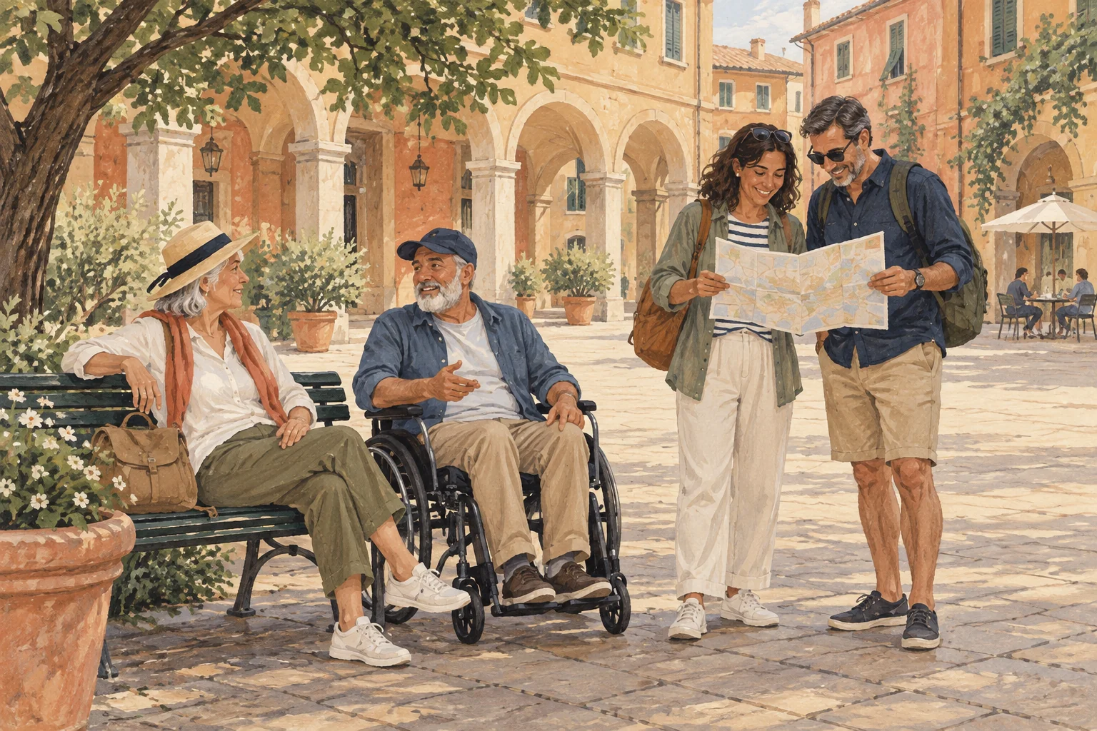 Editorial illustration of four travelers resting and reading a map in a portico-lined Italian square, including a wheelchair user beside a shaded bench.