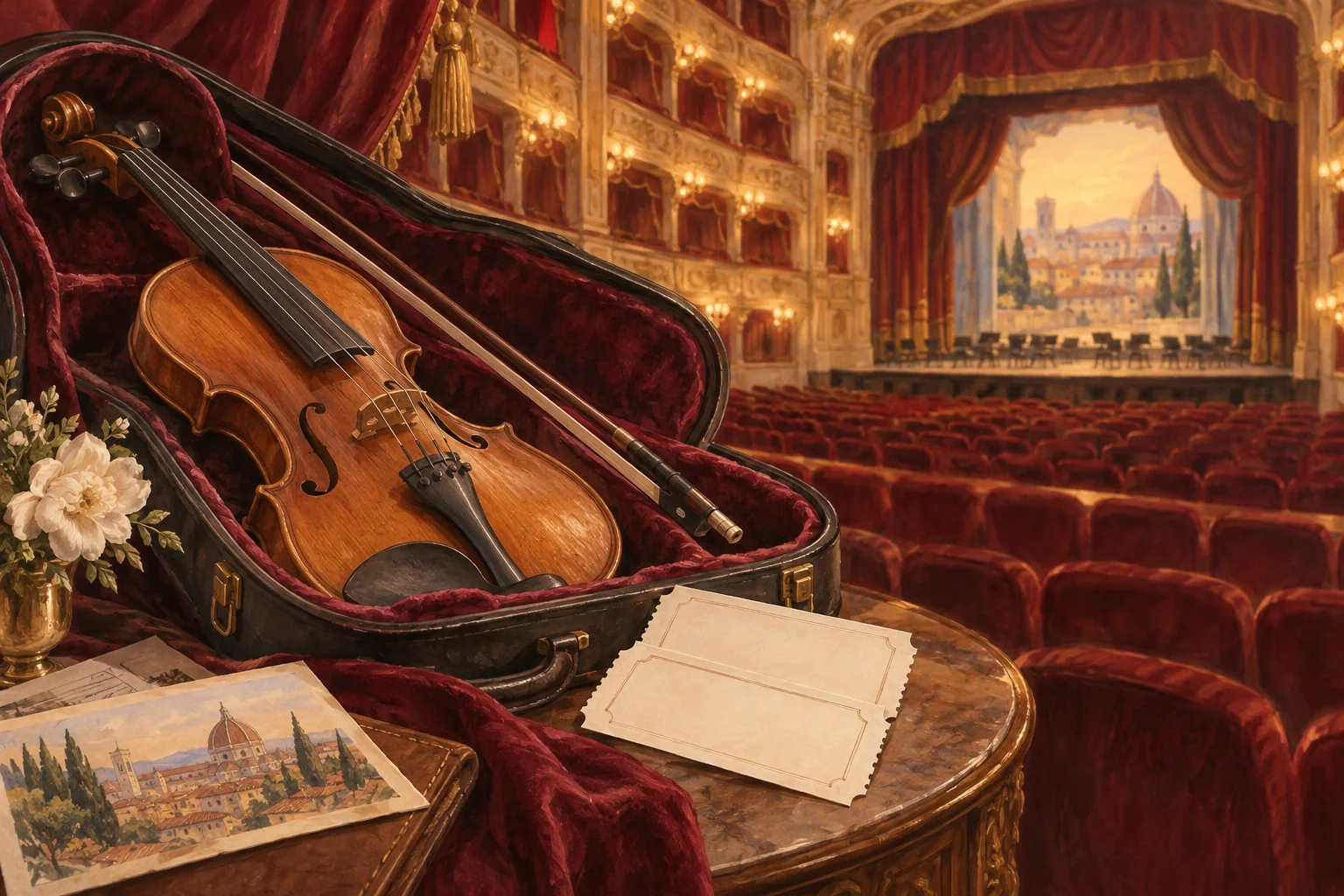 Editorial illustration of a violin in its case and blank tickets beside a red-and-gold imagined Italian theatre auditorium.