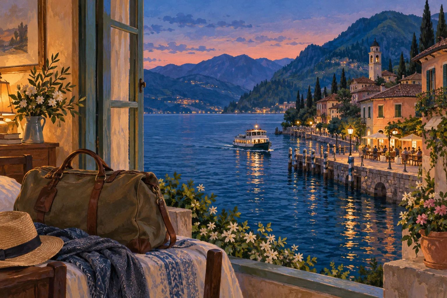 Editorial illustration of an overnight bag beside a guesthouse window overlooking an imagined Italian lakeside village and ferry at dusk.