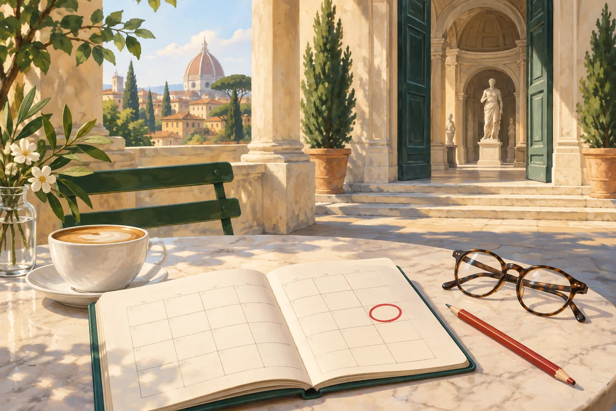 Gouache illustration of a blank paper calendar with a red circle, glasses and a pencil beside an imagined Italian museum courtyard.