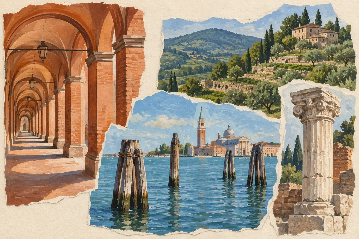 Editorial collage of brick porticoes, Venetian lagoon water, a classical column fragment and a terraced Italian hillside.