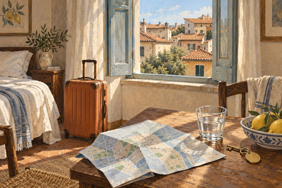 Editorial illustration of a suitcase, folded city map, room key and water glass in a sunlit Italian guest room.
