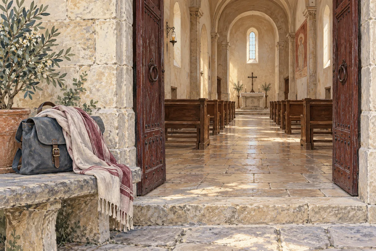 Editorial illustration of an open stone church doorway, empty wooden benches and a scarf resting on a day bag outside.