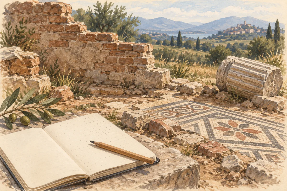 Editorial illustration of fragmentary stone walls, a fallen column section, mosaic patterns and a notebook in an imagined Italian archaeological landscape.
