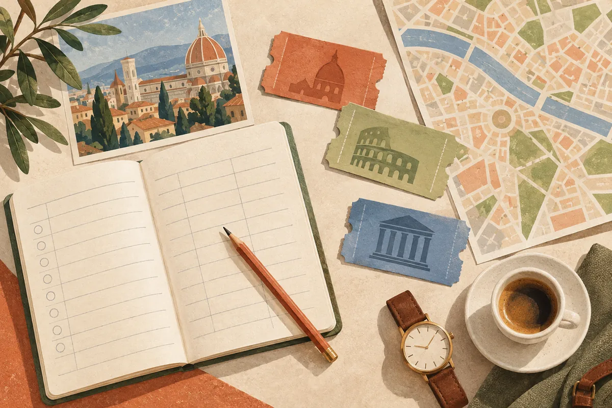 Editorial illustration of unbranded museum tickets, a blank planning notebook, a city map and an espresso on a travel desk.