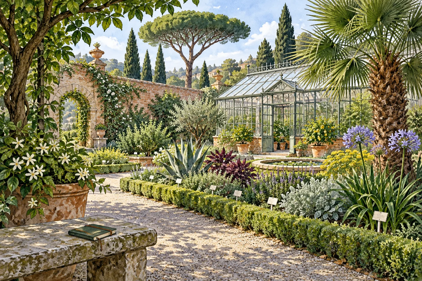 Editorial illustration of an imagined Italian botanical garden with varied plant beds, a greenhouse and a notebook on a stone bench.