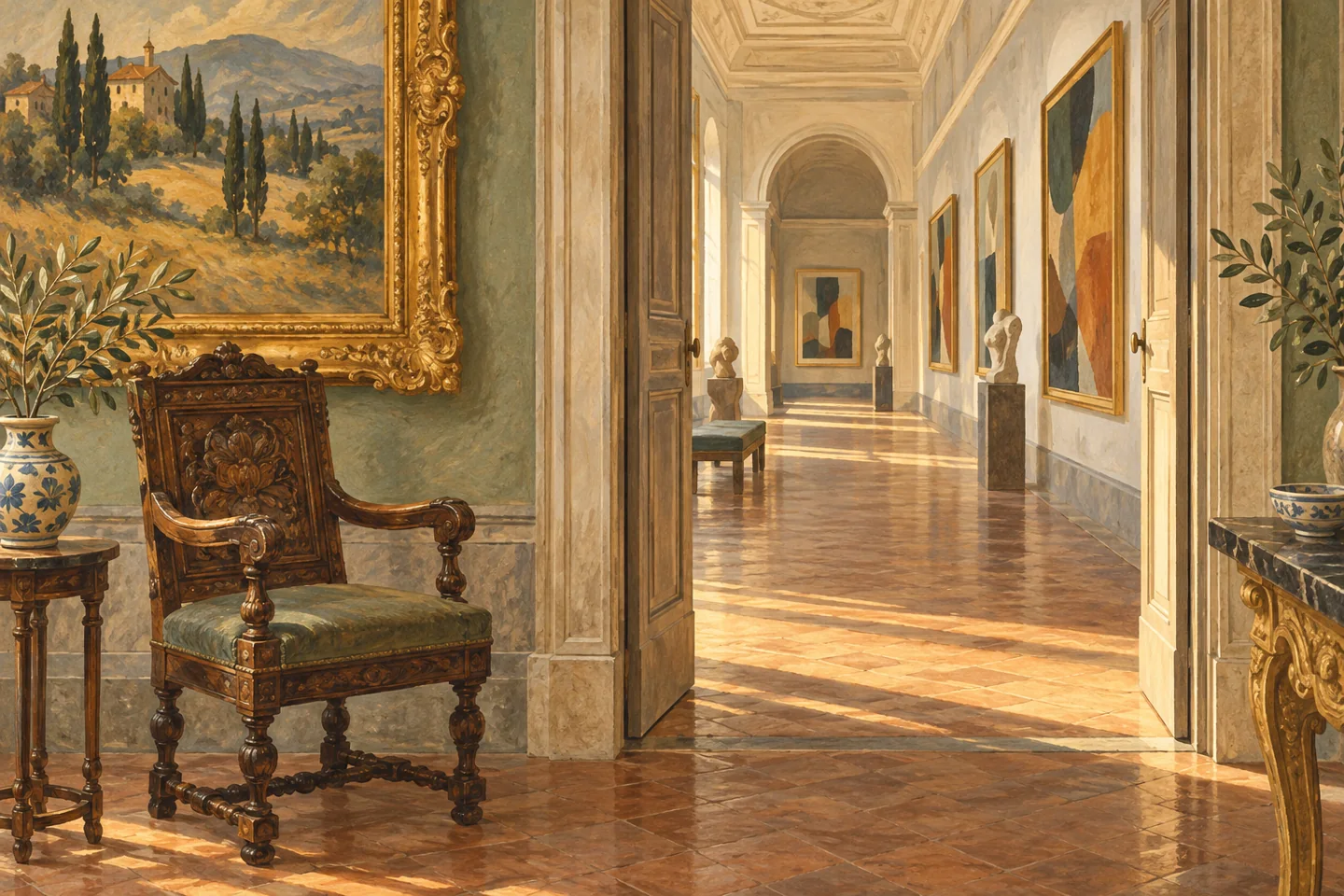 Editorial illustration of a carved chair and ceramic vessels beside a doorway into an imagined Italian art gallery.