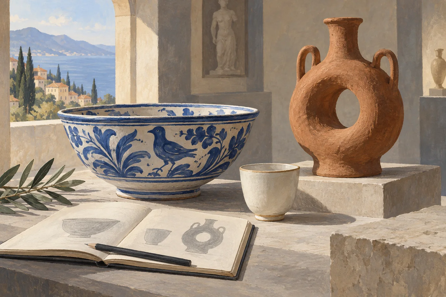 Editorial illustration of three imagined ceramic vessels and a sketchbook in a sunlit museum setting.