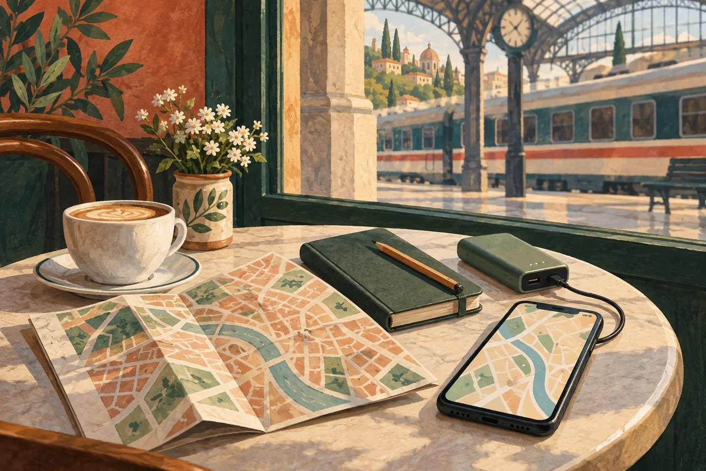 Editorial illustration of a paper map, notebook, phone and power bank on a cafe table beside an imagined Italian railway station.