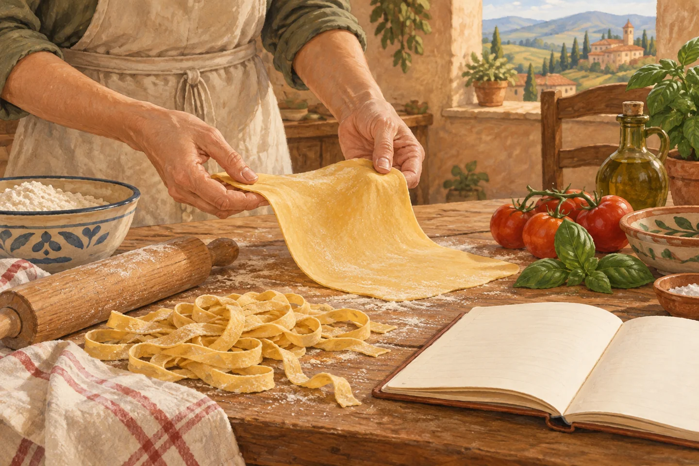 Editorial illustration of hands lifting a pasta sheet above a wooden table with a rolling pin, ingredients and a blank notebook.