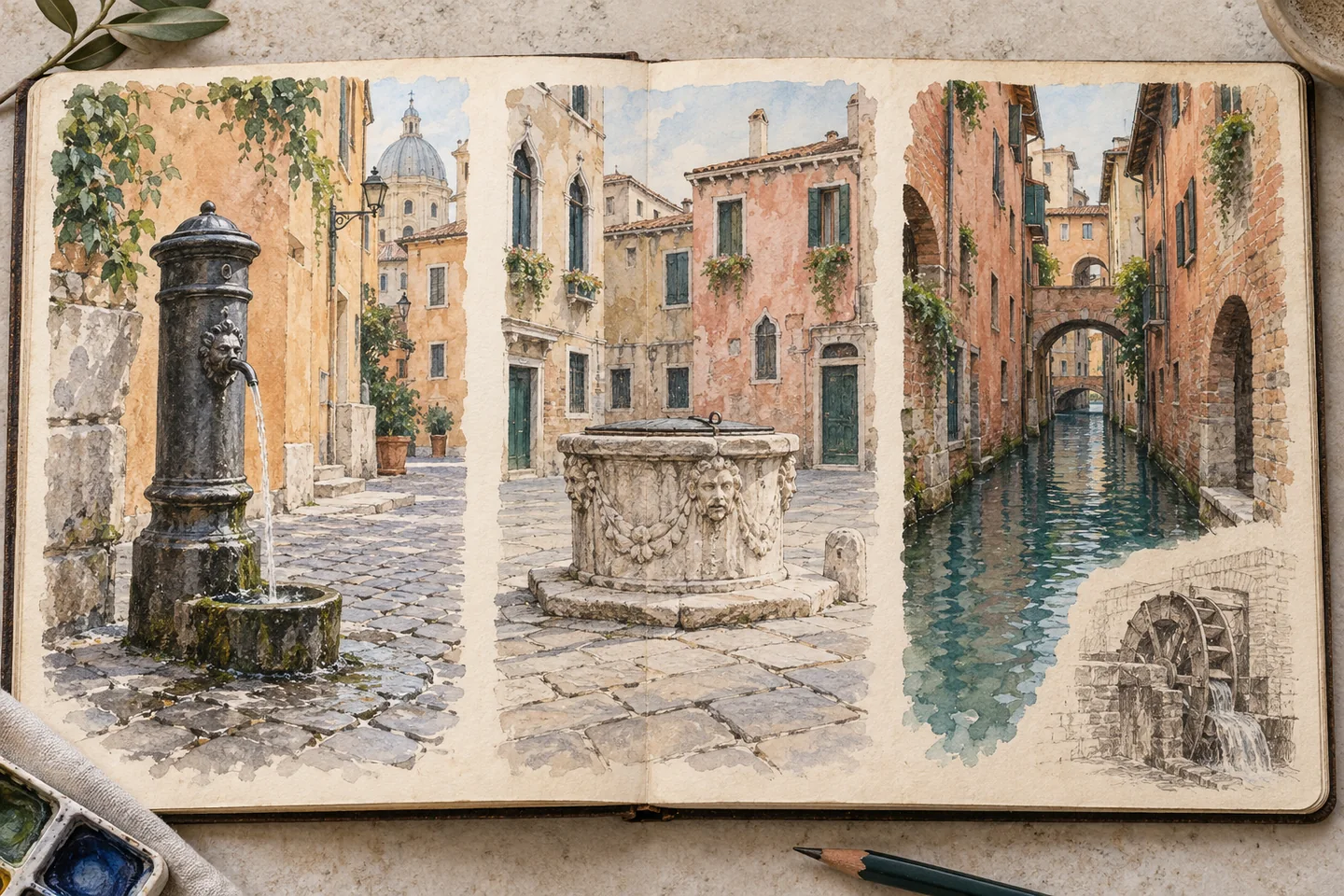 Editorial sketchbook illustration with separate imagined views of a drinking fountain, a Venetian wellhead and a brick-lined canal.