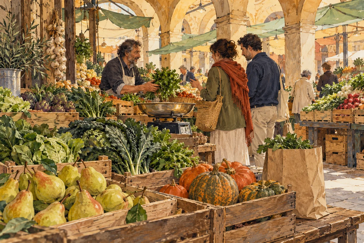 Editorial gouache illustration of shoppers and a vendor in an imagined Italian food market with autumn produce, a paper bag and a weighing scale.