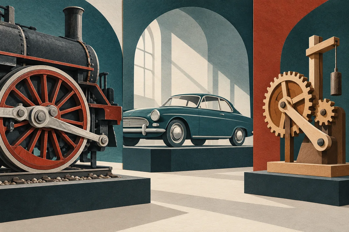 Editorial paper-cut collage of a locomotive wheel, an unbranded historic car and a wooden gear model, representing different approaches to technology museums.