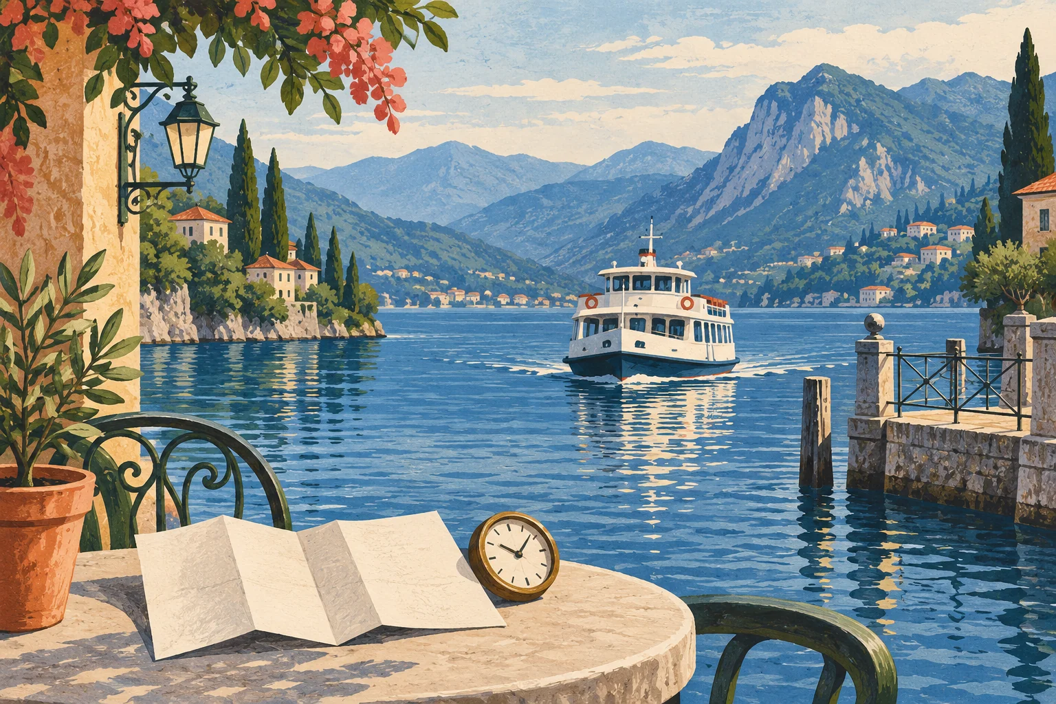 Editorial watercolor illustration of a passenger ferry approaching a northern Italian lakeside pier, with a blank folded timetable and clock in the foreground.