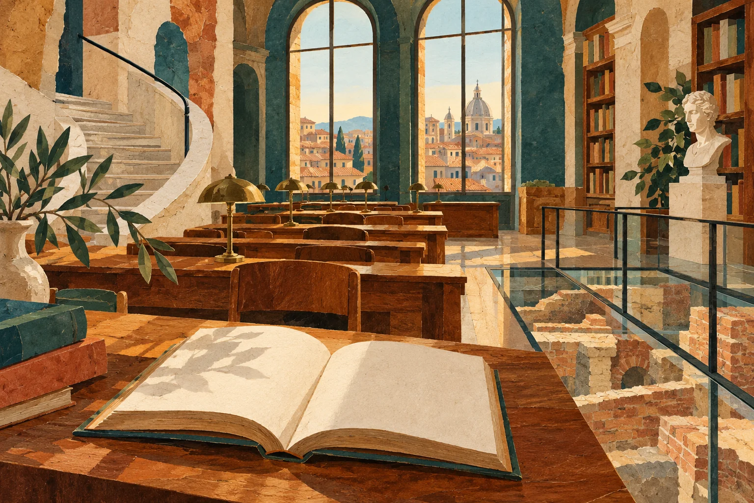 Conceptual editorial illustration of an open book, wooden reading desks, a stone staircase and archaeological layers beneath glass; not a depiction of a specific library.