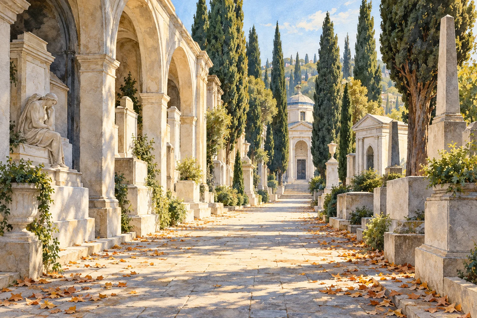 Editorial watercolor illustration of an imagined Italian cemetery walkway with cypresses, pale arcades and memorials; a conceptual scene without identifiable graves or inscriptions.