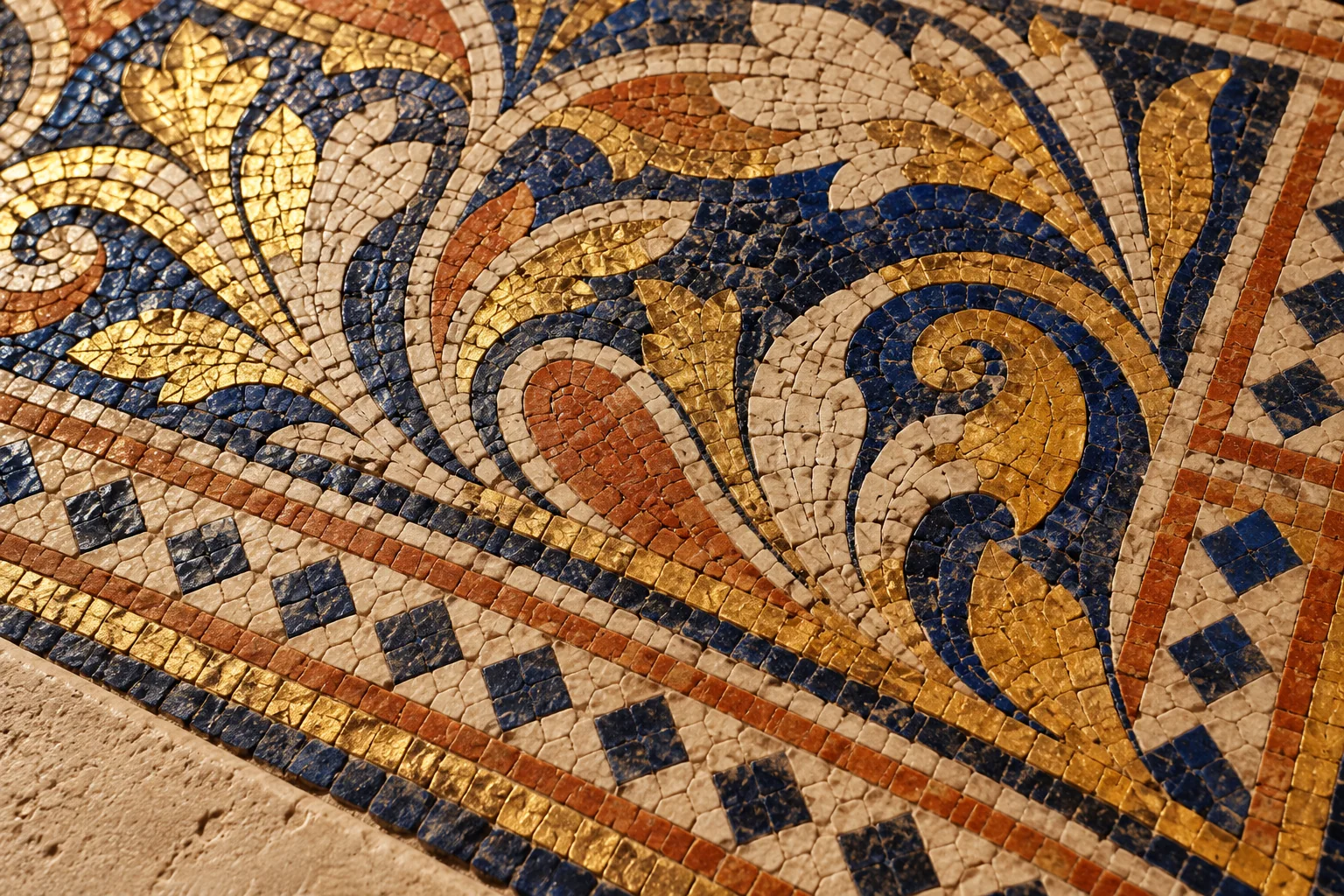 Editorial gouache illustration of irregular gold, blue and terracotta tesserae forming an invented leaf-and-border pattern; not a reproduction or reconstruction of a historic mosaic.