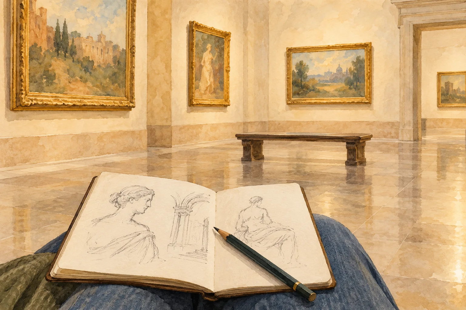 Editorial watercolor of a small sketchbook and pencil in an imagined Italian gallery, not a depiction of an actual museum room.
