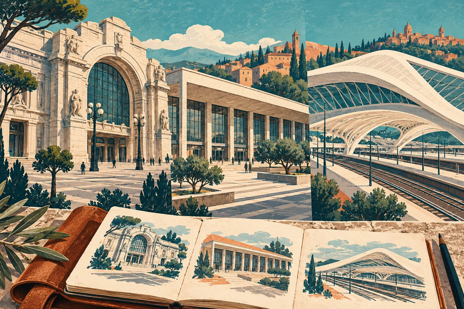Conceptual editorial illustration combining three imagined Italian station forms, not exact reconstructions or a real connected railway scene.