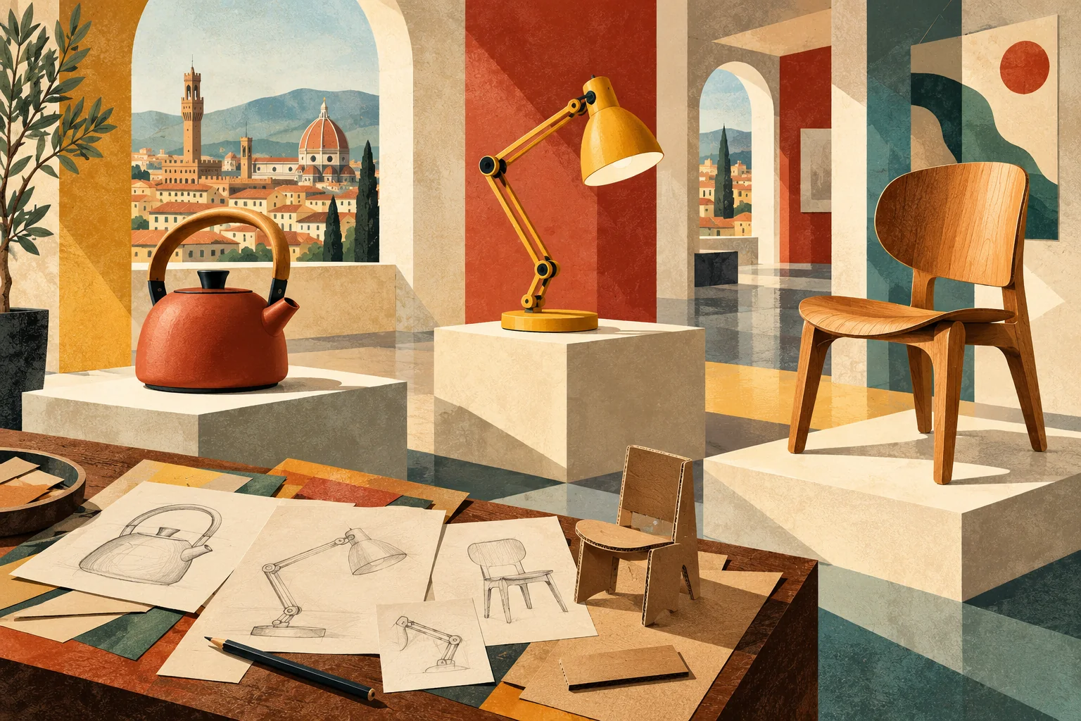 Conceptual editorial collage of a kettle, lamp, chair and prototypes in an imagined Italian gallery, not a depiction of an actual design museum.