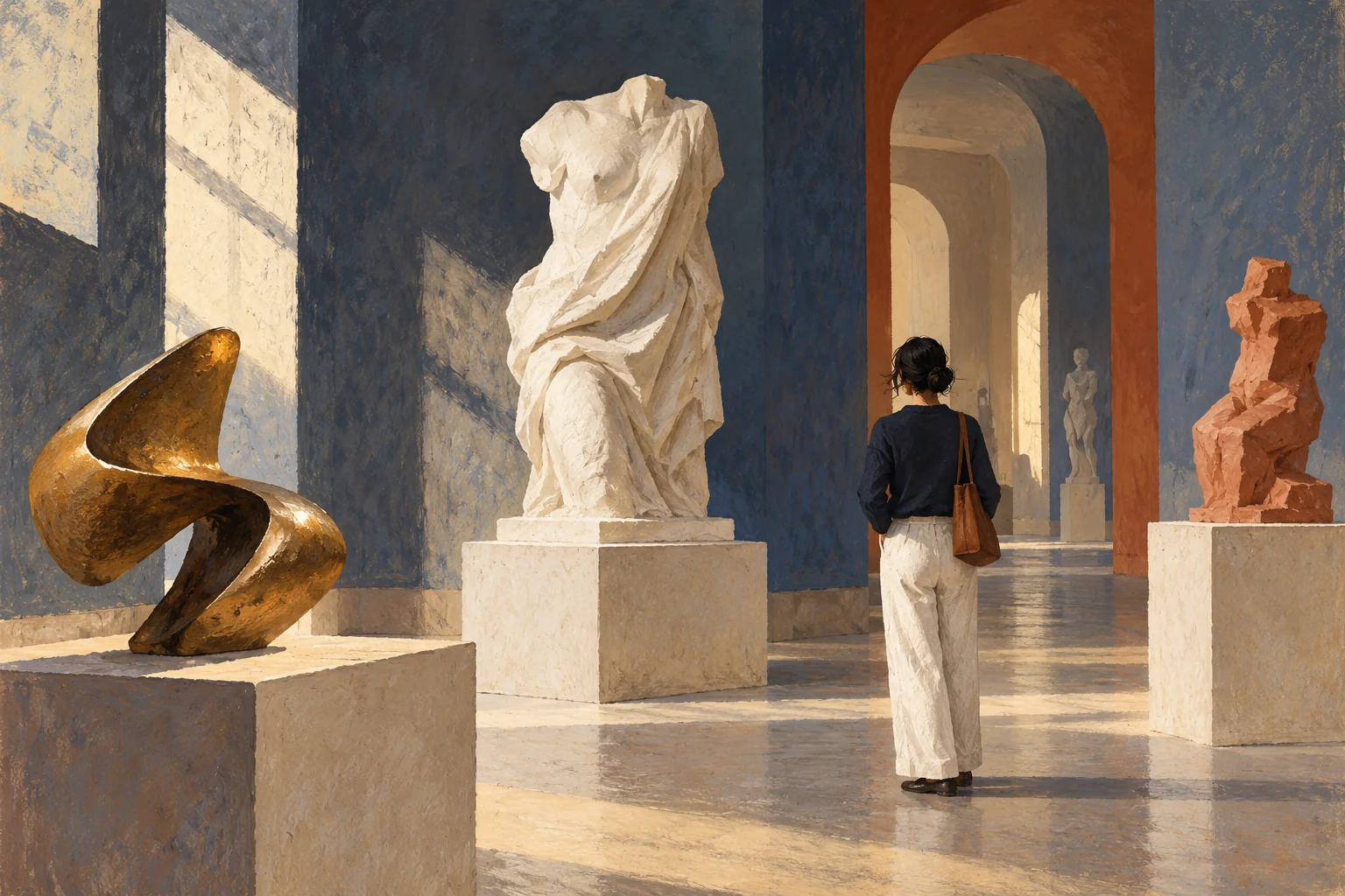 Editorial gouache illustration of bronze, marble and terracotta forms in an imagined sculpture gallery, not a reconstruction of a real museum.