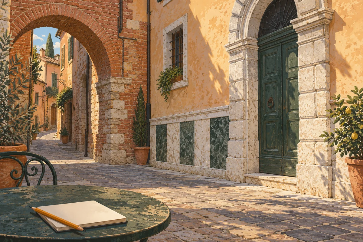 Conceptual editorial illustration of brick, pale stone and plaster around an imagined Italian street corner, with a notebook in the foreground.
