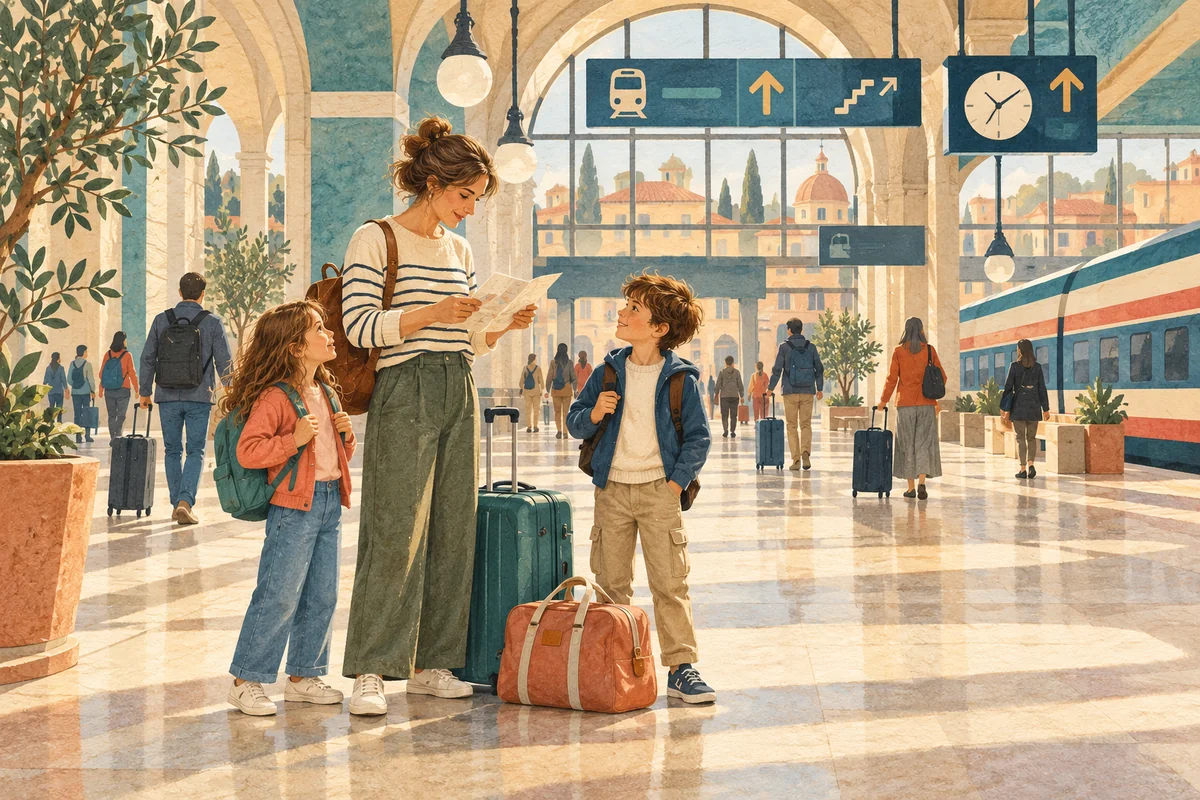 Editorial illustration of a parent and two children reviewing a journey card with luggage in an imagined Italian station concourse.