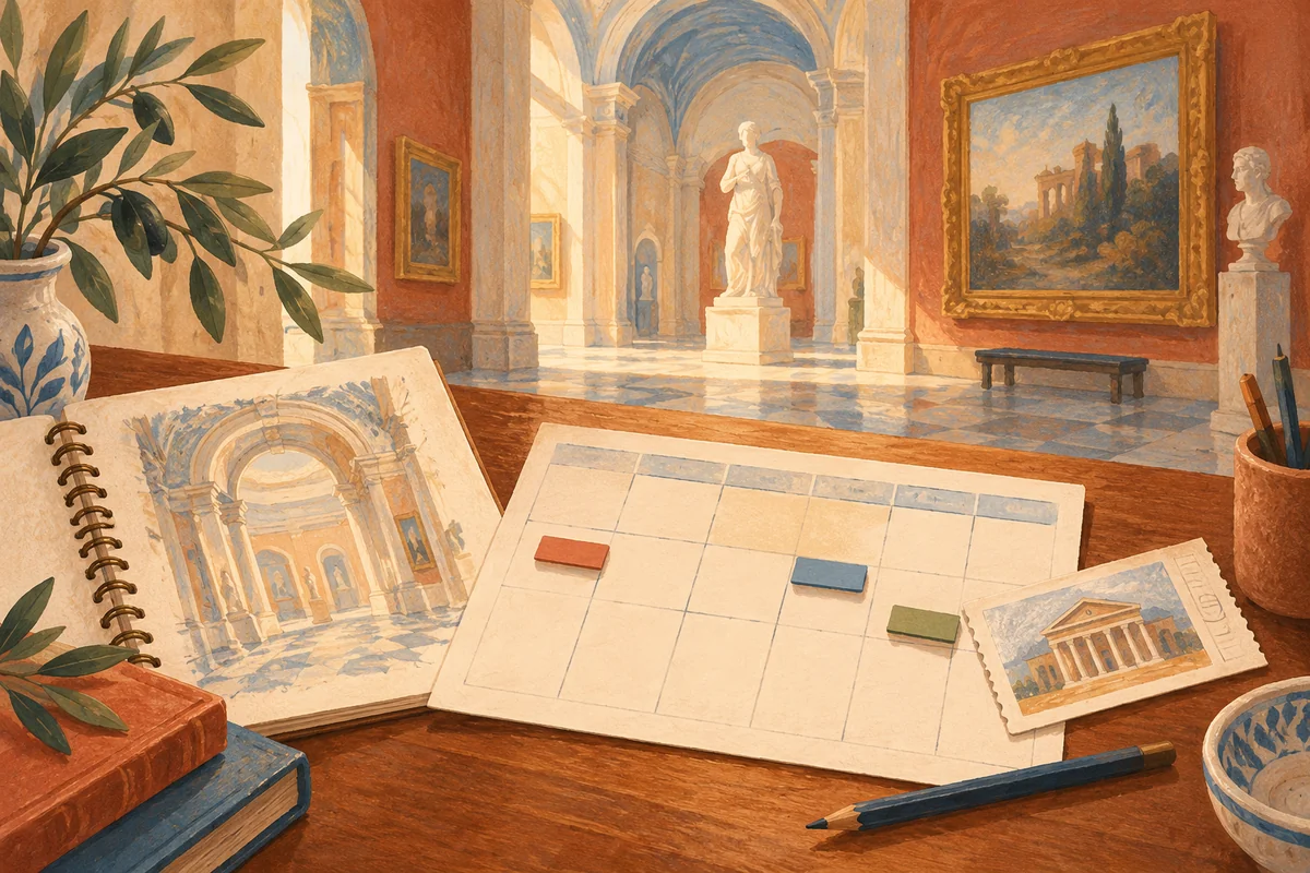 Conceptual editorial illustration of a blank weekly planner and sketchbook beside an imagined Italian museum gallery.