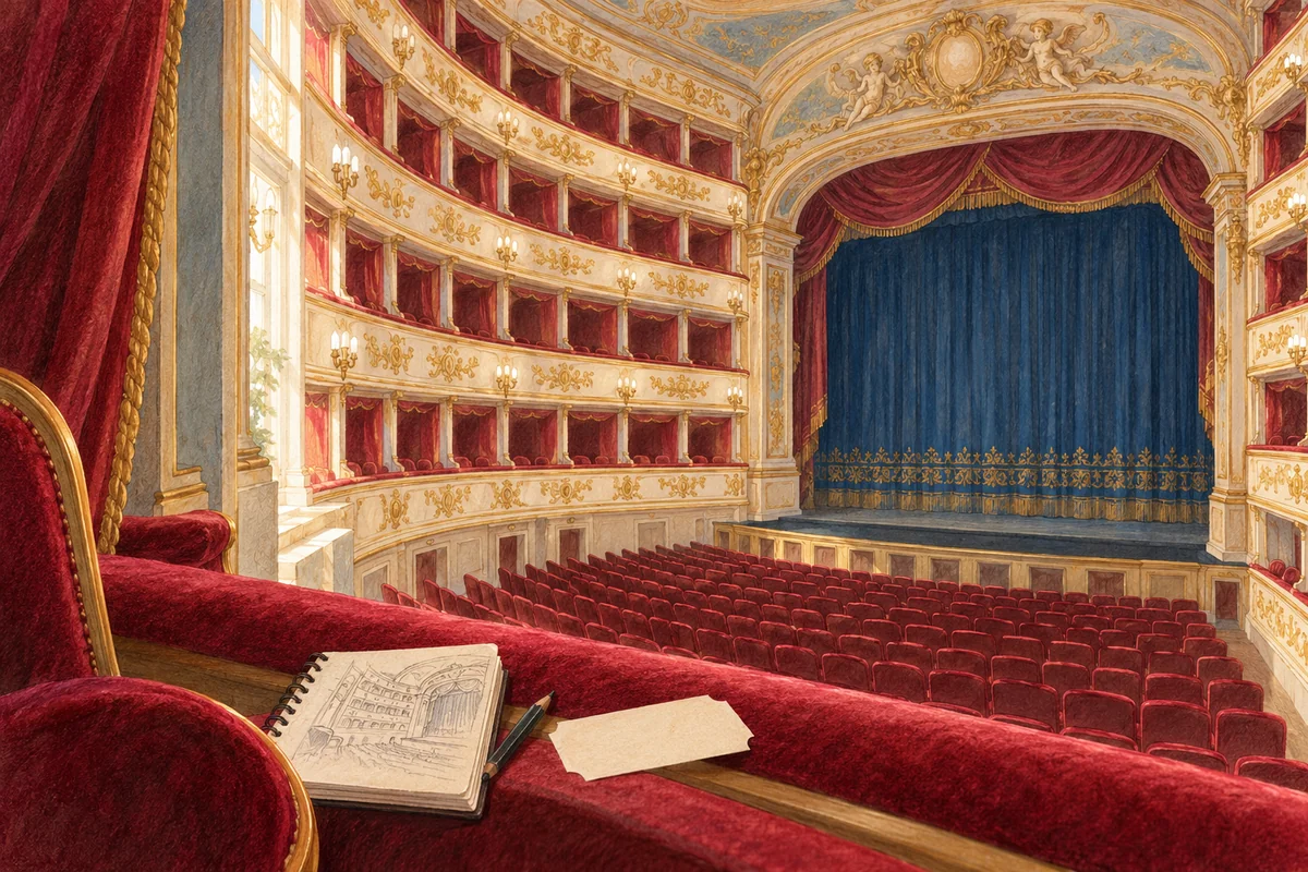 Editorial illustration of an imagined historic Italian theatre with curved boxes, crimson seats and a closed blue stage curtain.