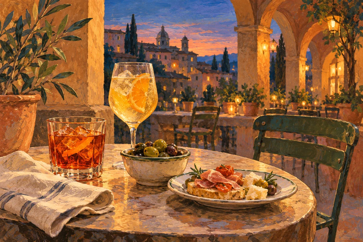 Editorial illustration of two drinks and small plates on an imagined Italian cafe table at dusk.
