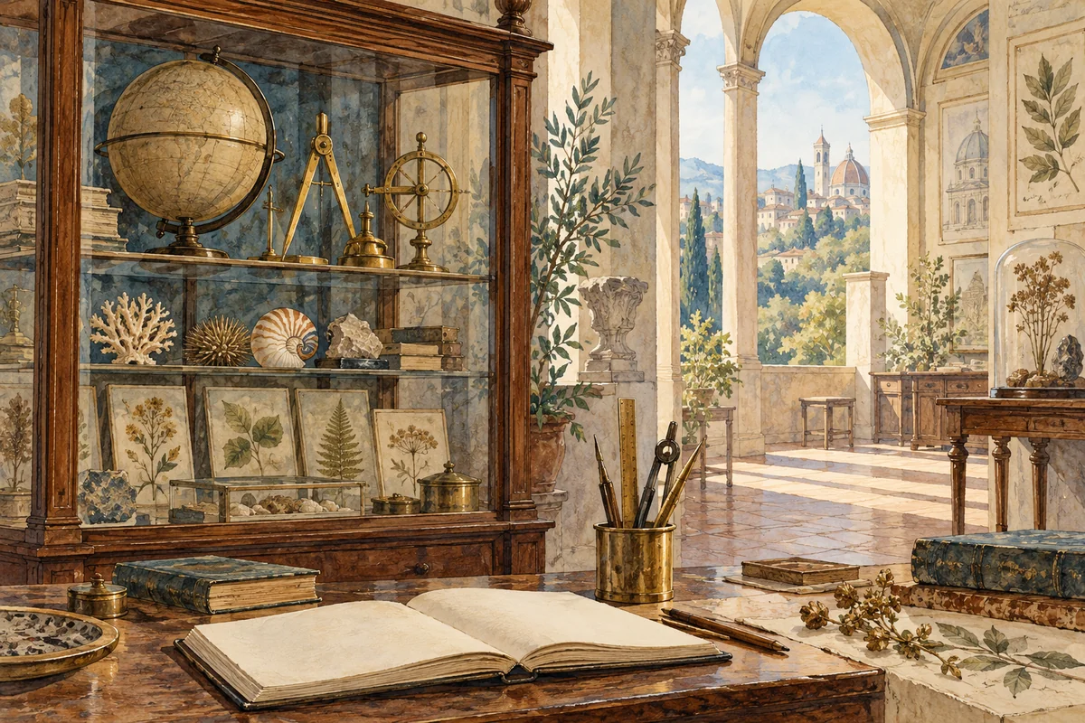 Conceptual editorial illustration of an imagined university collection with a globe, instruments, botanical specimens and an open notebook.