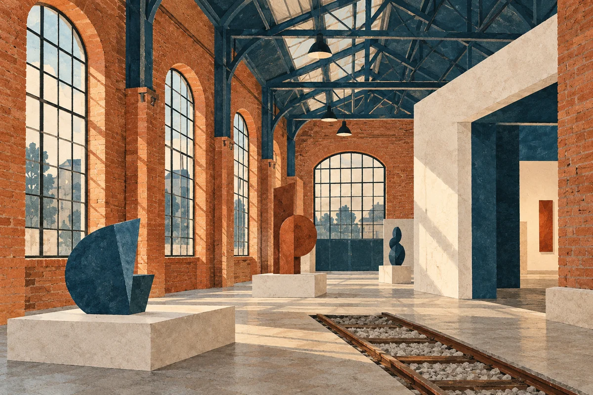 Conceptual editorial illustration of an imagined brick railway workshop adapted for exhibitions, with steel trusses, abstract sculptures and a short rail section.