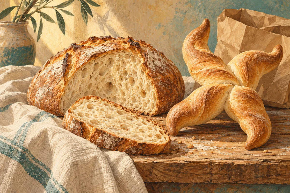 Conceptual editorial illustration of a cut country loaf and a four-horned bread on an imagined Italian bakery counter.