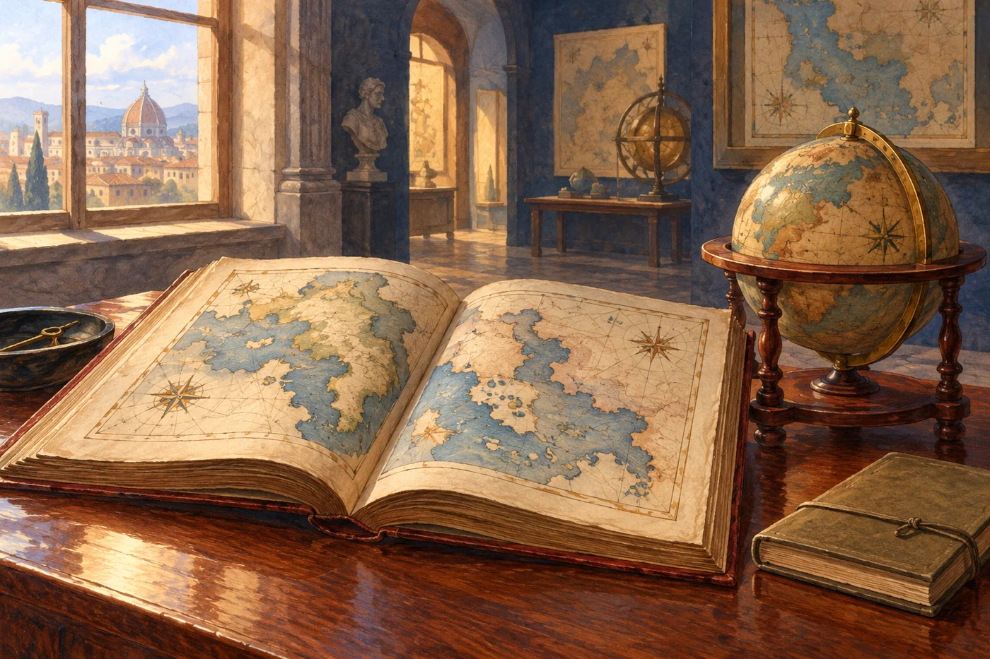 Conceptual editorial illustration of an invented atlas and globe in an imagined study, with a Florence-like skyline beyond the window; not a real museum interior.