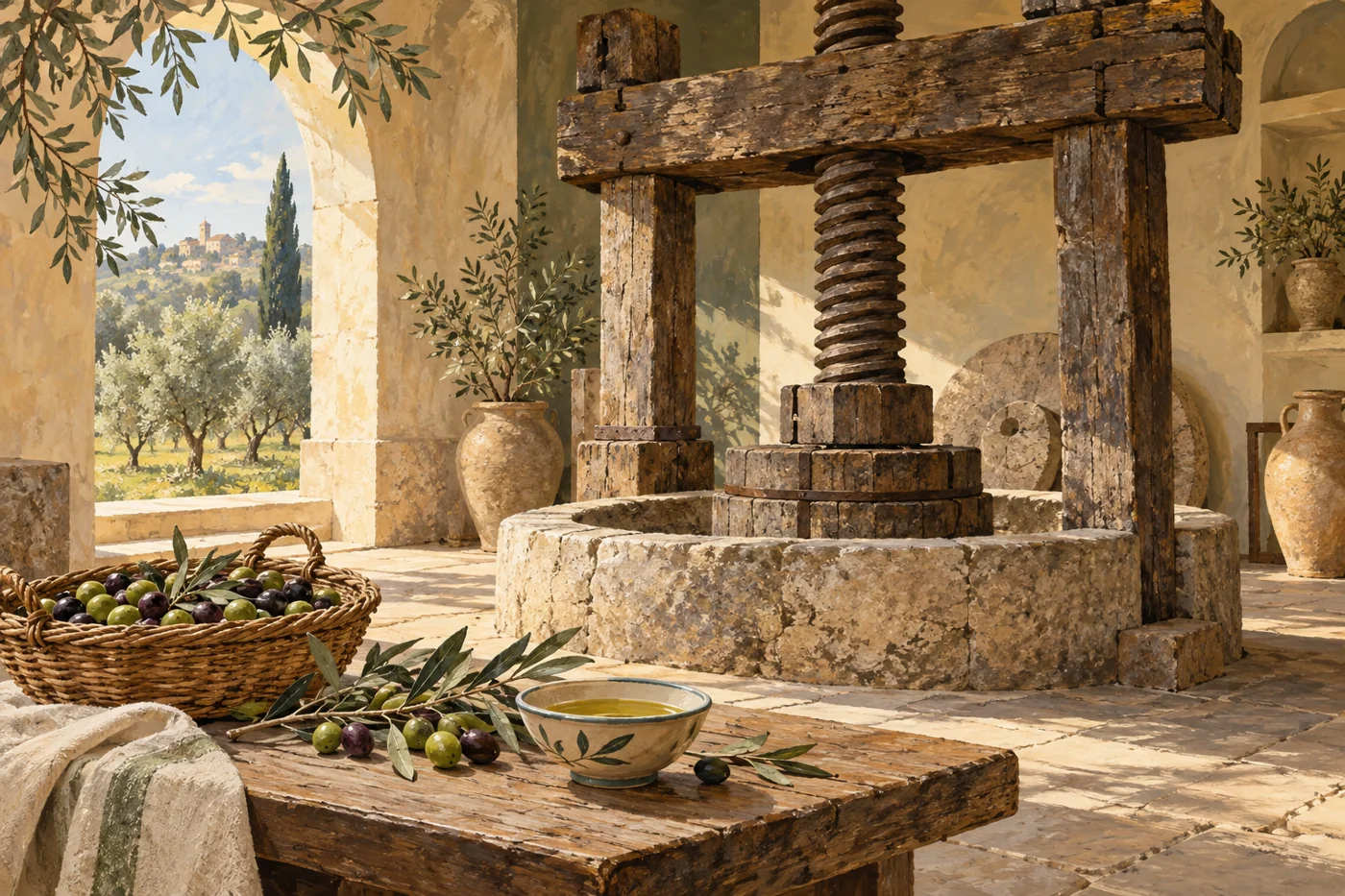 Conceptual editorial illustration of an imagined olive-oil heritage display with a wooden screw press, stone basin, olives and a small bowl of oil.