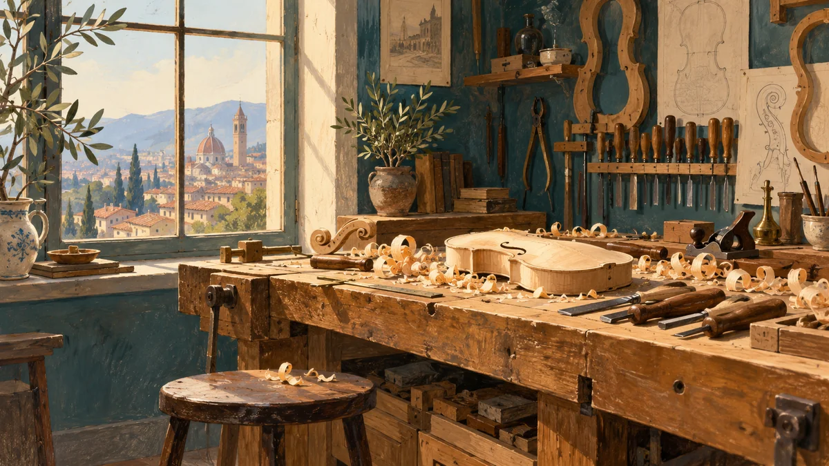 Conceptual painted illustration of an unfinished violin and tools on a bench in an invented Italian workshop; not a photograph or depiction of a named artisan’s studio.