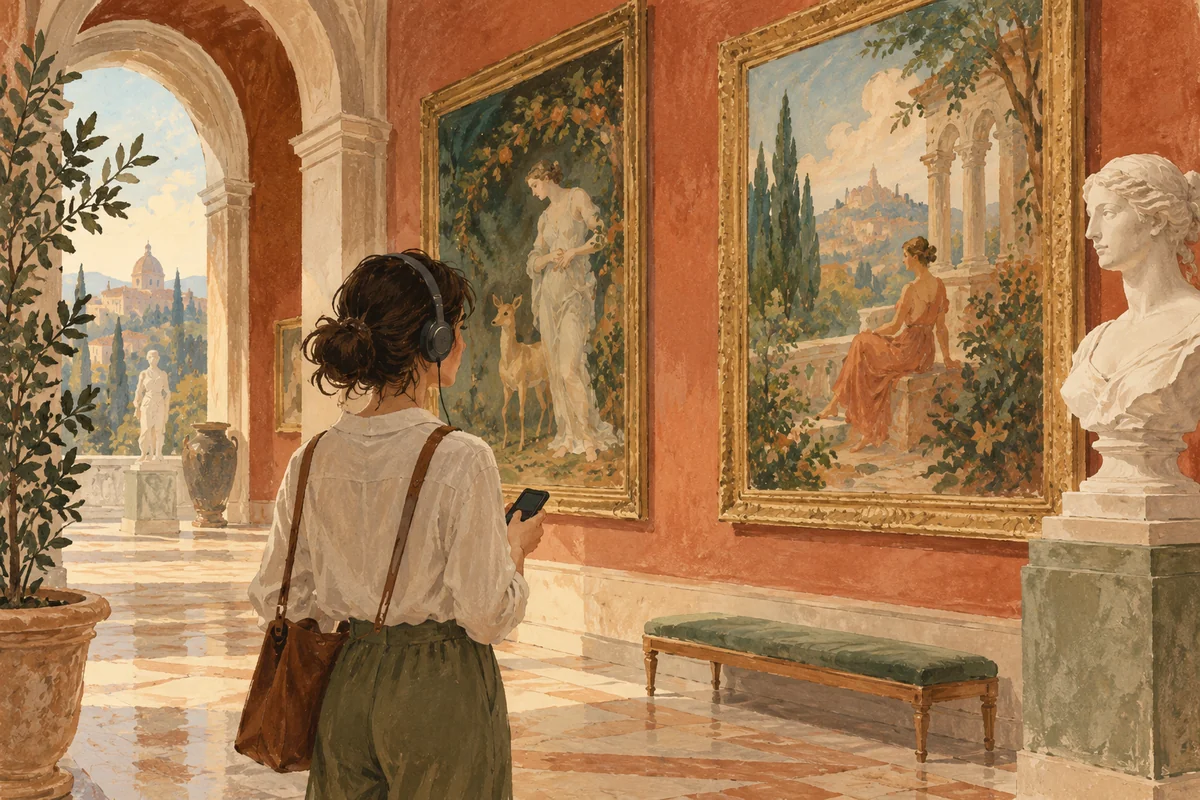 Conceptual painted illustration of a visitor using headphones in an imagined Italian gallery, with invented paintings and a sculpture; not a real museum interior.