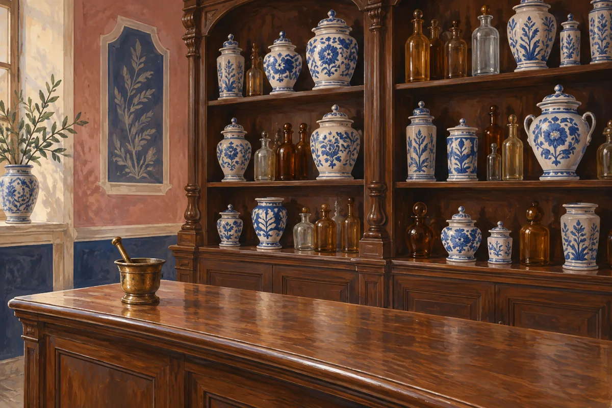 Conceptual gouache illustration of an imagined wooden pharmacy cabinet with blue and white jars; not a reconstruction of a named historic interior.